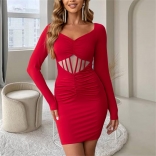 Red Evening Sexy Bodycon Dress Long Sleeve Low-Cut Mesh Pleated Mini Dress Clothing