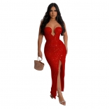 Red Women's Sequins Sleeveless Dress Off-Shoulder V-Neck Low-Cut Bodycon Long Skirt Clothing