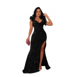 Black Women's Elegant Sequins Sleeveless V-Neck Prom Dress Sexy Evening Formal Long Dresses Clothing