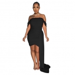 Black Women Sleeveless Mesh Pleated Dress Fashion Party Off-Shoulder Sexy Evening Clothing