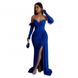 Blue Women's Elegant Off-Shoulder Sexy Long Dress Feather Zipper Woman Pleated Sexy Split Maxi Skirt Clothing