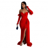 Red Women's Elegant Off-Shoulder Sexy Long Dress Feather Zipper Woman Pleated Sexy Split Maxi Skirt Clothing