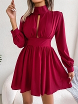 Red Women's Long Sleeve Deeo V-Neck Pleated Sexy Party Casual Skirt Dress