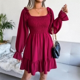 Red Women's Long Sleeve Pleated Fashion Prom Party Casual Skirt Dress
