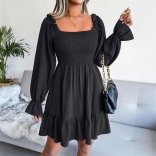 Black Women's Long Sleeve Pleated Fashion Prom Party Casual Skirt Dress