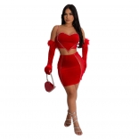 Red Women Straps V-Neck Velvet Rhinestones Bodycon Two Pieces Formal Mini Dress with Gloves