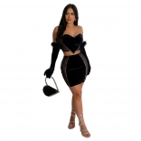 Black Women Straps V-Neck Velvet Rhinestones Bodycon Two Pieces Formal Mini Dress with Gloves