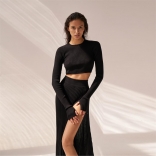 Black Women's Striped Long Sleeve Cotton Crop Tops Fashion Button Split Prom Long Dress