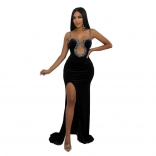 Black Women Rhinestones Straps Deep V-Neck Bodycon Elegant Dress Sexy Vevet Prom Party Girl's Clothing