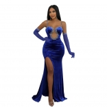Blue Women Rhinestones Straps Deep V-Neck Bodycon Elegant Dress Sexy Vevet Prom Party Girl's Clothing