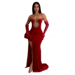 Red Women Rhinestones Straps Deep V-Neck Bodycon Elegant Dress Sexy Vevet Prom Party Girl's Clothing