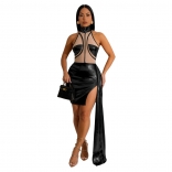Black Women's Sleeveless Girlding Mesh Bodycon Slit Party Dance Prom Mini Dress