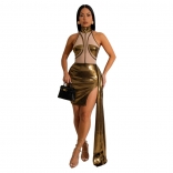 Gold Women's Sleeveless Girlding Mesh Bodycon Slit Party Dance Prom Mini Dress