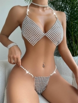 White Women Sexy Straps Pearls Trikini Lingerie Underwears