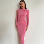 Pink Women's Pleated Long Sleeve Bodycon Evening Prom Long Dress