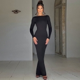 Black Women Long Sleeve Backless Bodycon Sexy Prom Party Long Dress