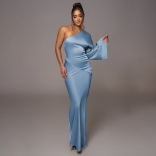 Blue Women's Satin Diagonal Collar Elegant Backless Formal Ball Gown Evening Long Dress