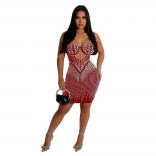 Red Women's Off-Shoulder Mesh Diamonds Bodycon Mini Dress Sexy Evening Dance Party Clothing