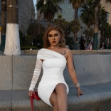 White Women's Mesh Long Sleeve Pleated Fashion Off-Shoulder Evening Midi Dress