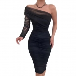 Black Women's Mesh Long Sleeve Pleated Fashion Off-Shoulder Evening Midi Dress
