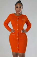 Orange Women's Long Sleeve Cotton Stripe Bodycon Mini Dress Prom Office Clothing