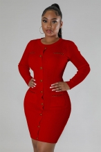 Red Women's Long Sleeve Cotton Stripe Bodycon Mini Dress Prom Office Clothing
