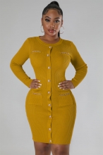 Yellow Women's Long Sleeve Cotton Stripe Bodycon Mini Dress Prom Office Clothing