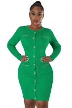 Green Women's Long Sleeve Cotton Stripe Bodycon Mini Dress Prom Office Clothing