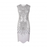 White Women's Sequins Lace Hollow-out Party Prm Midi Dress Sexy Evening Formal Tassels Clothing