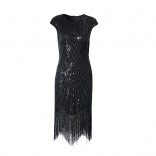 Black Women's Sequins Lace Hollow-out Party Prm Midi Dress Sexy Evening Formal Tassels Clothing