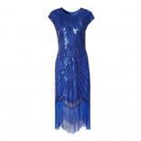 Blue Women's Sequins Lace Hollow-out Party Prm Midi Dress Sexy Evening Formal Tassels Clothing