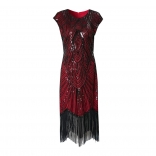Red Women's Sequins Lace Hollow-out Party Prm Midi Dress Sexy Evening Formal Tassels Clothing