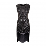 Black Silver Women's Sequins Lace Hollow-out Party Prm Midi Dress Sexy Evening Formal Tassels Clothing