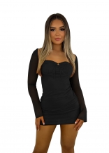 Black Women's Mesh Long Sleeve Low-Cut Party Mini Dress Bodycon Clothing