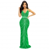 Green Women's Straps V-Neck Mesh Diamonds Bodycon Prom Evening Long Dress Clothing