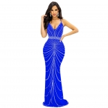 Blue Women's Straps V-Neck Mesh Diamonds Bodycon Prom Evening Long Dress Clothing