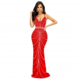 Red Women's Straps V-Neck Mesh Diamonds Bodycon Prom Evening Long Dress Clothing