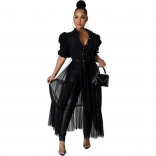Black Women's Short Sleeve Button V-Neck Skirt Dress Mesh Pleated Casual Vestidos Clothing