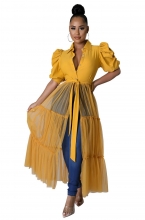 Yellow Women's Short Sleeve Button V-Neck Skirt Dress Mesh Pleated Casual Vestidos Clothing