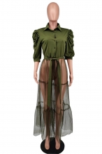 Green Women's Short Sleeve Button V-Neck Skirt Dress Mesh Pleated Casual Vestidos Clothing