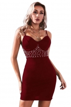 WineRed Women's Straps V-Neck Pearls Mini Dress Party Evening Formal Occasion Clothing
