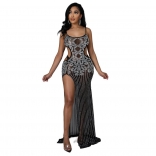 Black Women Straps Sleeveless Luxury Evening Party Diamonds Sexy Long Dress