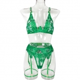 Green Women's Luxury Underwear Rhinestones Lace Erotic Bra Brief Sets Lingerie
