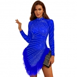 Blue Women's Rhinestones Clothing Long Sleeve Mesh See-through Feather Prom Party Mini Dress