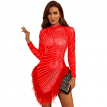 Red Women's Rhinestones Clothing Long Sleeve Mesh See-through Feather Prom Party Mini Dress