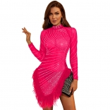 RoseRed Women's Rhinestones Clothing Long Sleeve Mesh See-through Feather Prom Party Mini Dress