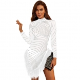White Women's Rhinestones Clothing Long Sleeve Mesh See-through Feather Prom Party Mini Dress