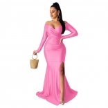 Pink Women's Luxury Long Dress Sexy Low-Cut Evening Party Prom Clothing