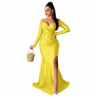 Yellow Women's Luxury Long Dress Sexy Low-Cut Evening Party Prom Clothing