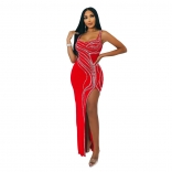 Red Women's Straps Long Dress Rhinestones Sexy Bodycon Split Evening Party Prom Dress